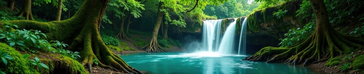 Fototapeta premium Emerald waterfalls cascade down mossy ancient tree trunks, waterfall, forest