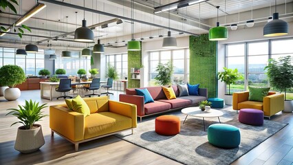 Modern Office Interior Design: Vibrant Collaboration Space with Colorful Seating