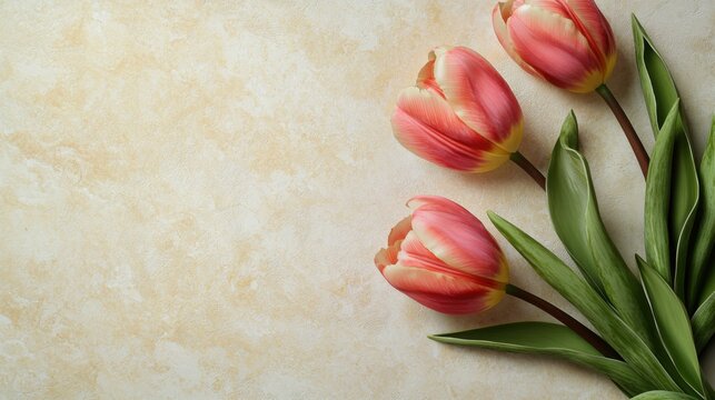 Pink tulips flowers close up on beige background with copy space. Floral template. Botanical fine art poster.