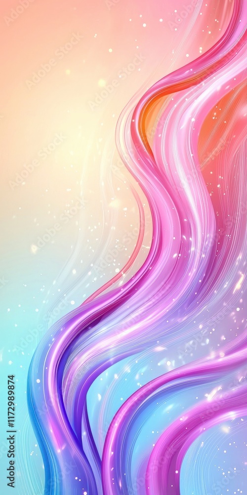 Poster abstract wavy background with colorful flowing lines and gentle sparkles in soft pastel shades