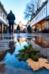 Festive Christmas decoration in a puddle reflects buildings on a cobbled street, showing pedestrians shopping; ideal for holiday cards or seasonal blogs