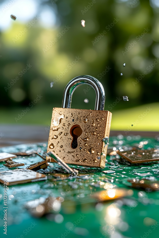 Poster wet padlock on broken keys outdoors; data security, privacy, or vulnerability concept; use for cyber