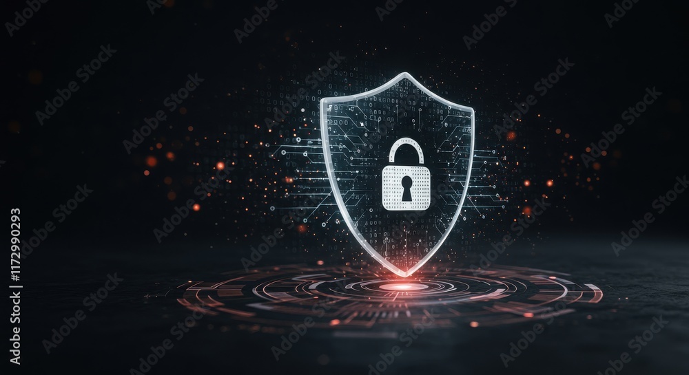Poster businessman protecting personal data by lock icon of cyber security cybersecurity and privacy concep