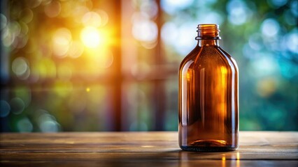 Brown Glass Syrup Bottle Mockup, Pharmacy Medicine Bottle, Realistic Product Photography, Rule of Thirds Composition