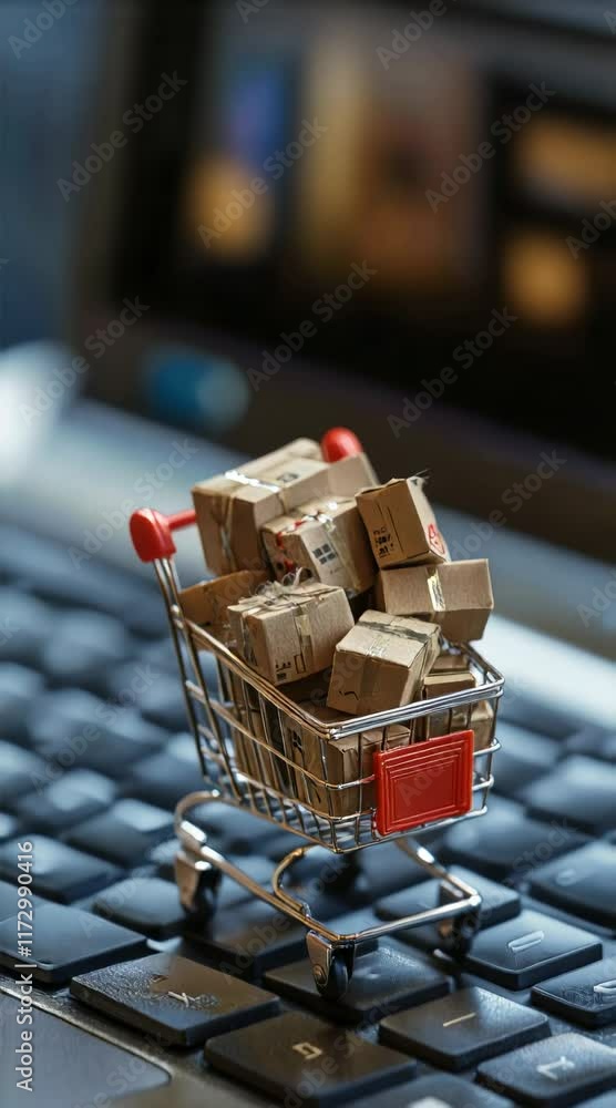 Poster small shopping cart overflowing with miniature cardboard boxes is placed on a laptop keyboard, repre