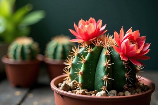 Prickly red spikes of the three parodia cactus in a pot, cactus, flowers, plant