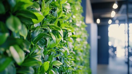 Obraz premium Green living wall with perennial plants in modern office. Urban gardening landscaping interior design. Fresh green vertical plant wall inside office