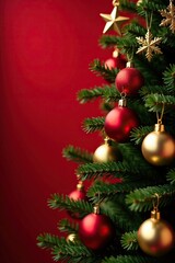 Fototapeta premium Red and gold Christmas tree decorated with ornaments hanging snowflake star in the background, festive, red