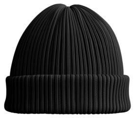Stylish black ribbed knit beanie hat isolated on transparent background.
