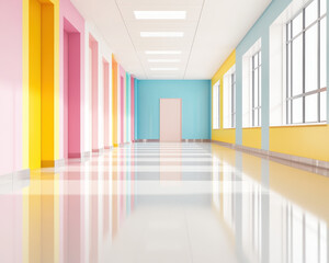 Obraz premium Bright and colorful modern school hallway with sleek design and reflections