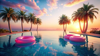 Pink Palm Paradise: Inflatable Rings in a Pool