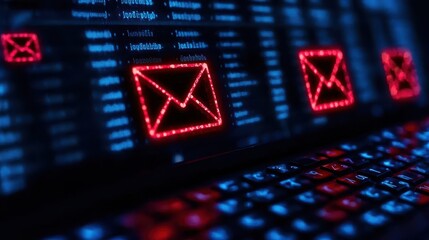 Digital Email Icons on Keyboard with Cyber Background and Glowing Red Effects in a Futuristic Setting