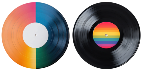 Colorful vinyl records with gradient rainbow center create vibrant display