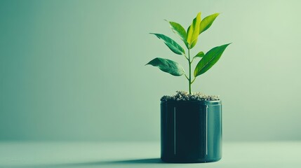 Green plant thriving in upcycled battery symbolizing sustainable energy
