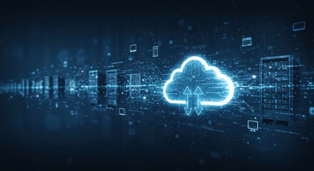 Data cloud server, Vsual cloud networks security, showcasing a glowing cloud surrounded by interconnected big data, and digital storage.cloud