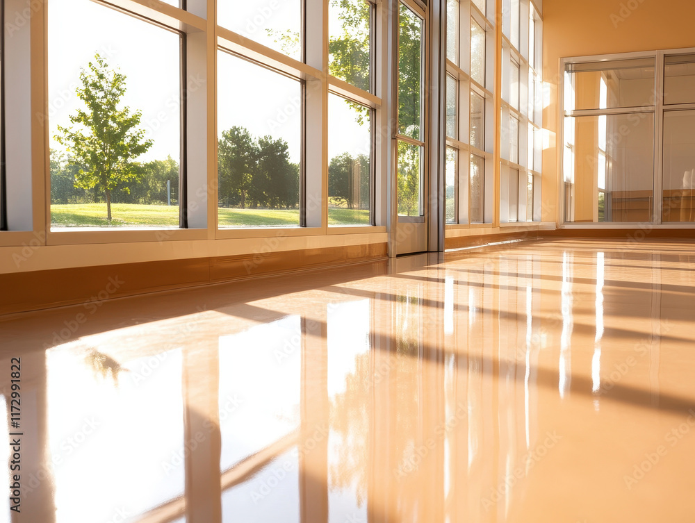 Poster sunlit school corridor with large windows, smooth tile floor reflecting light, creating warm and inv