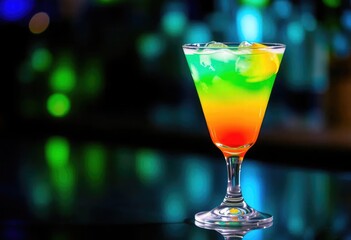 A vibrant, colorful cocktail served