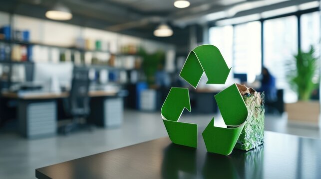 Green recycle symbol icon sign with professional environment background to represent recycling or sorting of waste at office and for working people