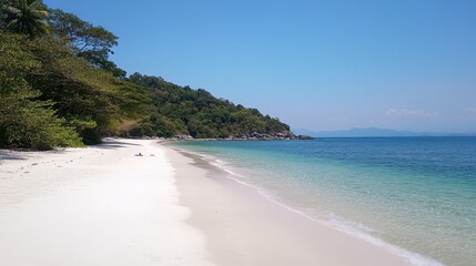 A pristine white sand beach on Koh Samet, with palm trees gently swaying in the tropical breeze.