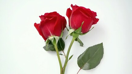 Valentine concept. Two red roses with green leaves on a light background.