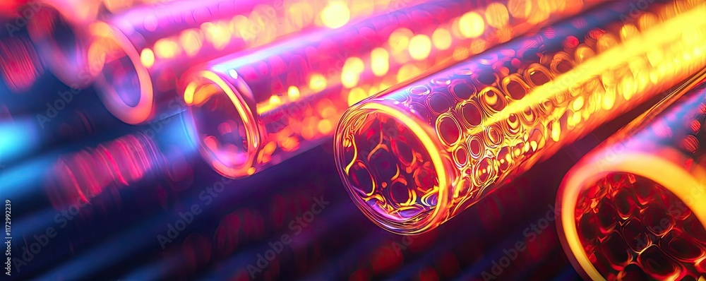 Poster neon abstract background idea. colorful test tubes filled with luminous liquids in a laboratory sett