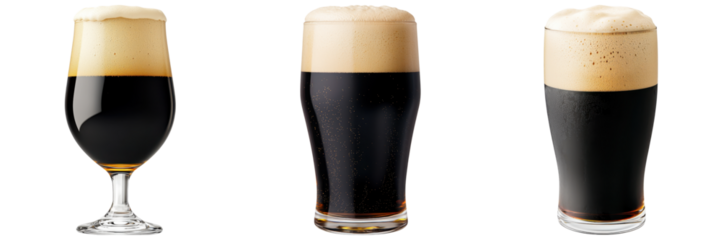 Dark beer in various glasses with creamy foam, showcasing rich textures