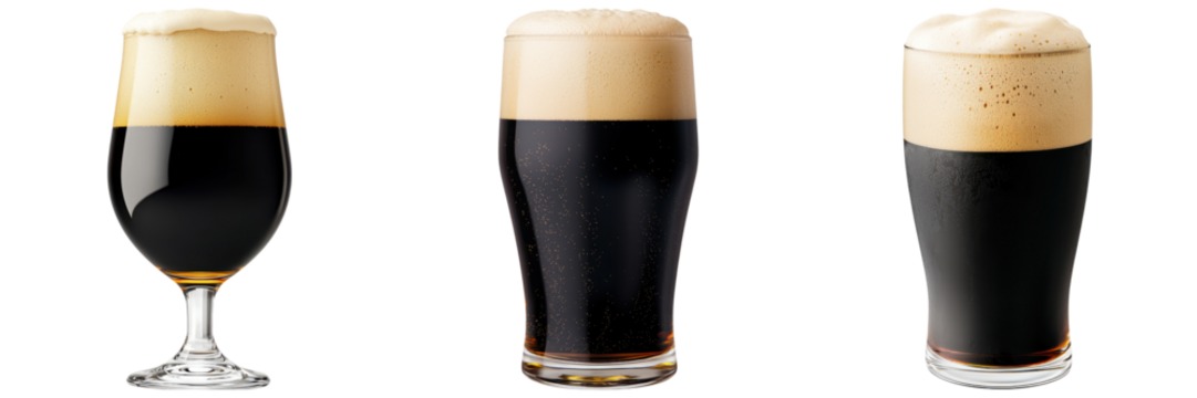 Dark beer in various glasses with creamy foam, showcasing rich textures