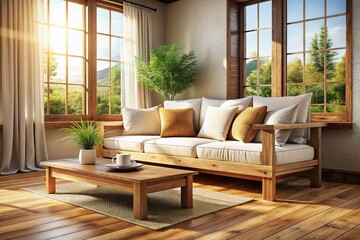 Fototapeta premium Rustic Wooden Sofa with White Linen Cushions & Wooden Side Table - Cozy Living Room Interior
