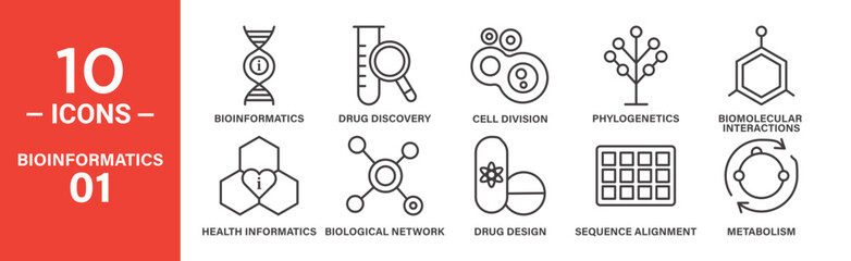 Bioinformatics Icon Set: 10 Editable Vector Icons in Black Outline Style.