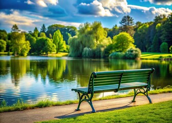 Obraz premium Serene Lakeside Bench: Empty Metal Seat Overlooking Calm Water in Tranquil Park