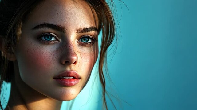 close up face portrait of freckle woman  charming and allure 