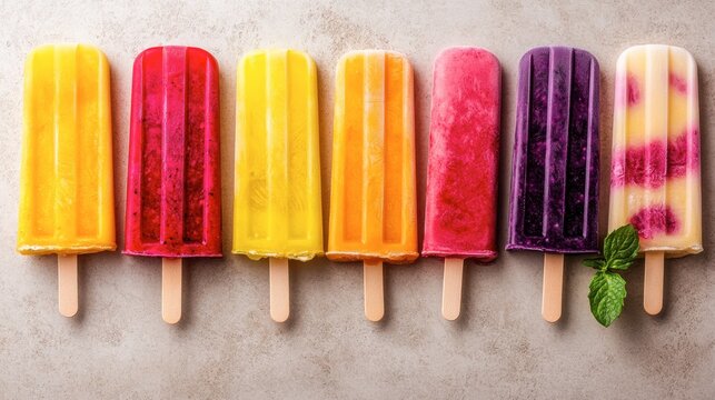 A refreshing visual featuring colorful popsicles lined up in a pattern on a beige background for a summer dessert theme.