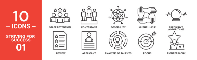 Striving for Success Icon Set: 10 Editable Vector Icons Representing Talent Analysis, Focus, and Predictive Algorithms