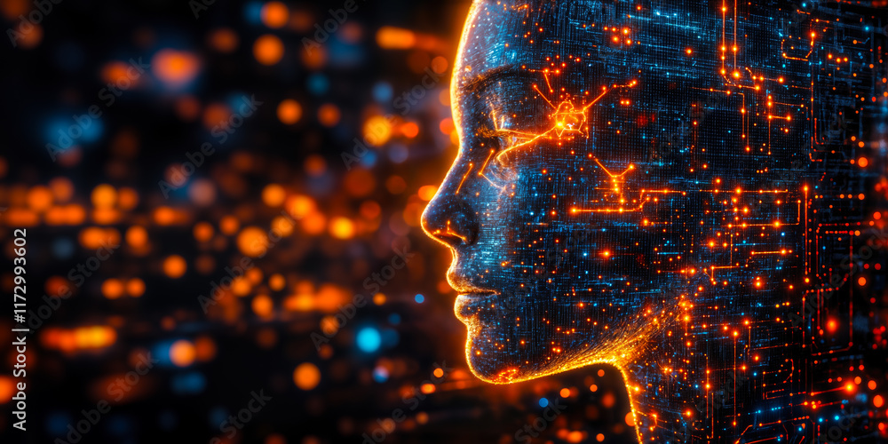 Poster artificial intelligence integration concept with digital human interface and neural network visuals