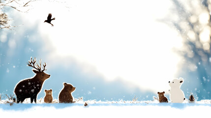Winter wonderland scene deer, bears, and polar bear cubs gather in snowy forest at sunrise; ideal for holiday cards or children's books
