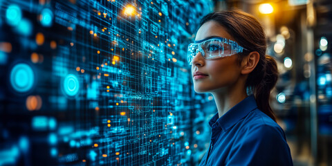 Futuristic Businesswoman Analyzing Data with Digital Interfaces and Smart Glasses
