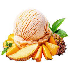 Creamy mango ice cream scoop surrounded by fresh tropical fruit slices