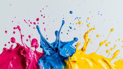 Colorful paint splashes creating a vibrant abstract art piece on a white background.