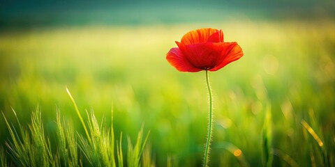 Obraz premium Single Red Poppy in Vast Field - Minimalist Nature Photography