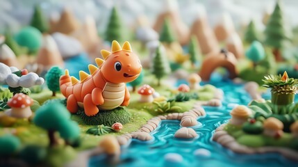 Obraz premium A whimsical dragon figurine in a vibrant, playful landscape filled with mushrooms.