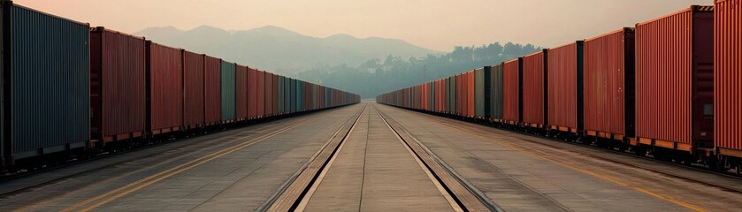 Obraz premium A panoramic view of railway tracks flanked by colorful shipping containers, extending into a misty mountainous horizon.