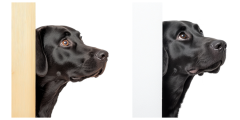 sleek black Labrador peeking through vertical slits, showcasing curiosity and charm