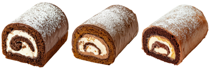 Delicious chocolate roll cakes with creamy fillings and powdered sugar