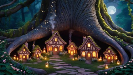 Obraz premium A fairy village nestled within a giant tree, with glowing lights and tiny houses.