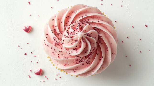 Tasty cupcakes for Valentine's Day on white background, top view