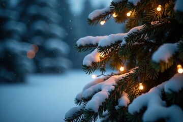 Twinkling string lights on a snow-covered pine tree, twinkle lights, evergreen