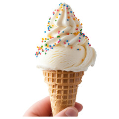 Delicious vanilla soft serve ice cream cone topped with colorful sprinkles