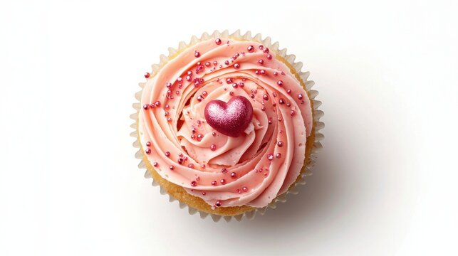 Tasty cupcakes for Valentine's Day on white background, top view