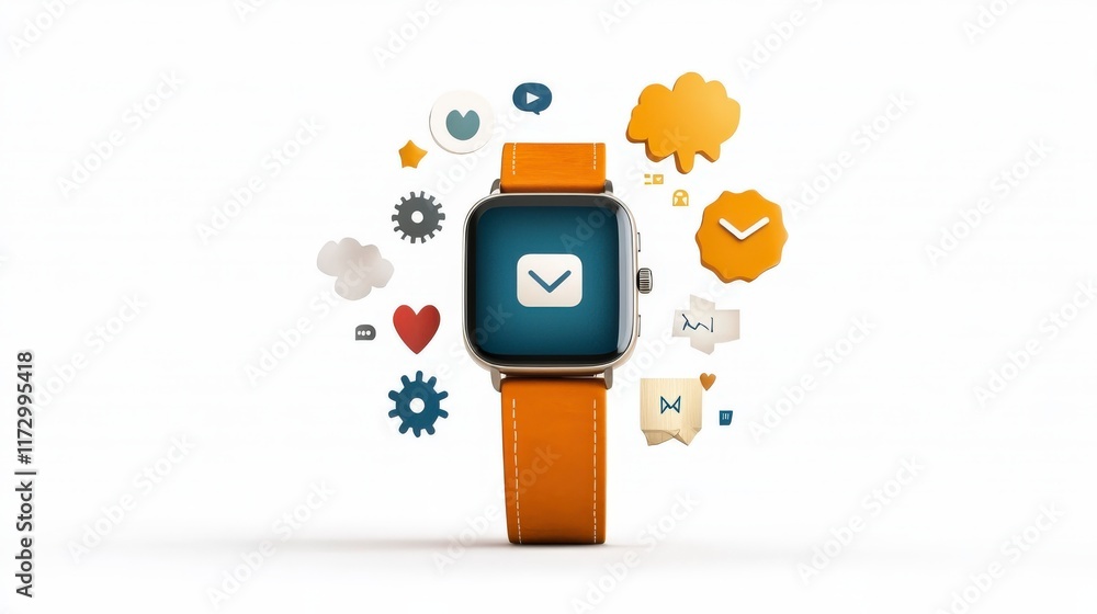 Poster stylish smartwatch with orange strap surrounded by colorful messaging icons and graphics