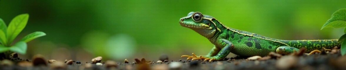 Fototapeta premium Reptil sitzt auf dem Boden und schaut direkt in die Kamera, gr?n, kamera